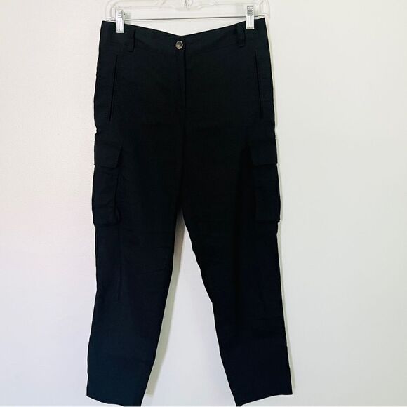 Theory Rich Black Linen Blend Tapered Cargo Style Cropped Pants - Picture 1 of 14